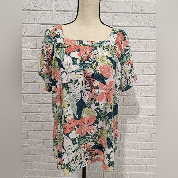 Christopher & Banks Tops - Christopher & Banks Square Neck Tropical Short Sleeve Blouse Large